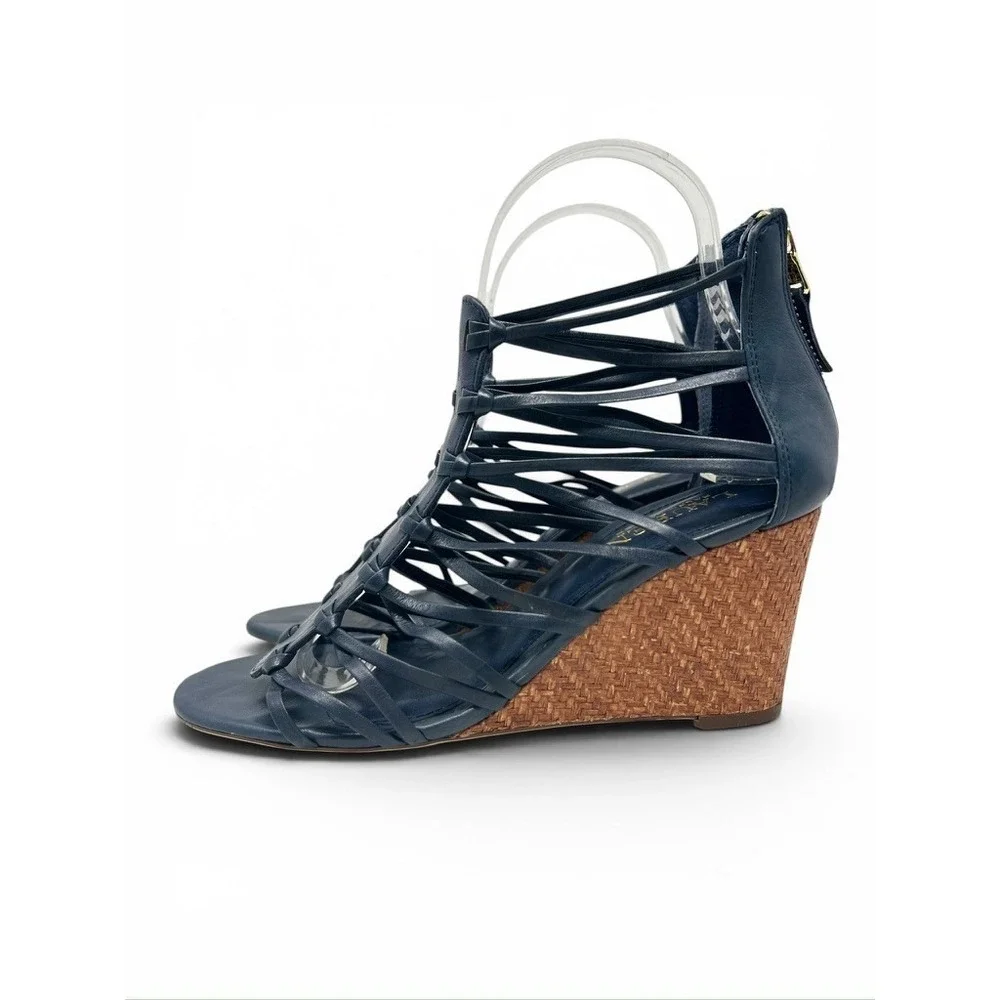 Lauren Ralph Lauren Wedge Alexandrea Gladiator Sandals Shoes 7B Navy‎ Zip Back